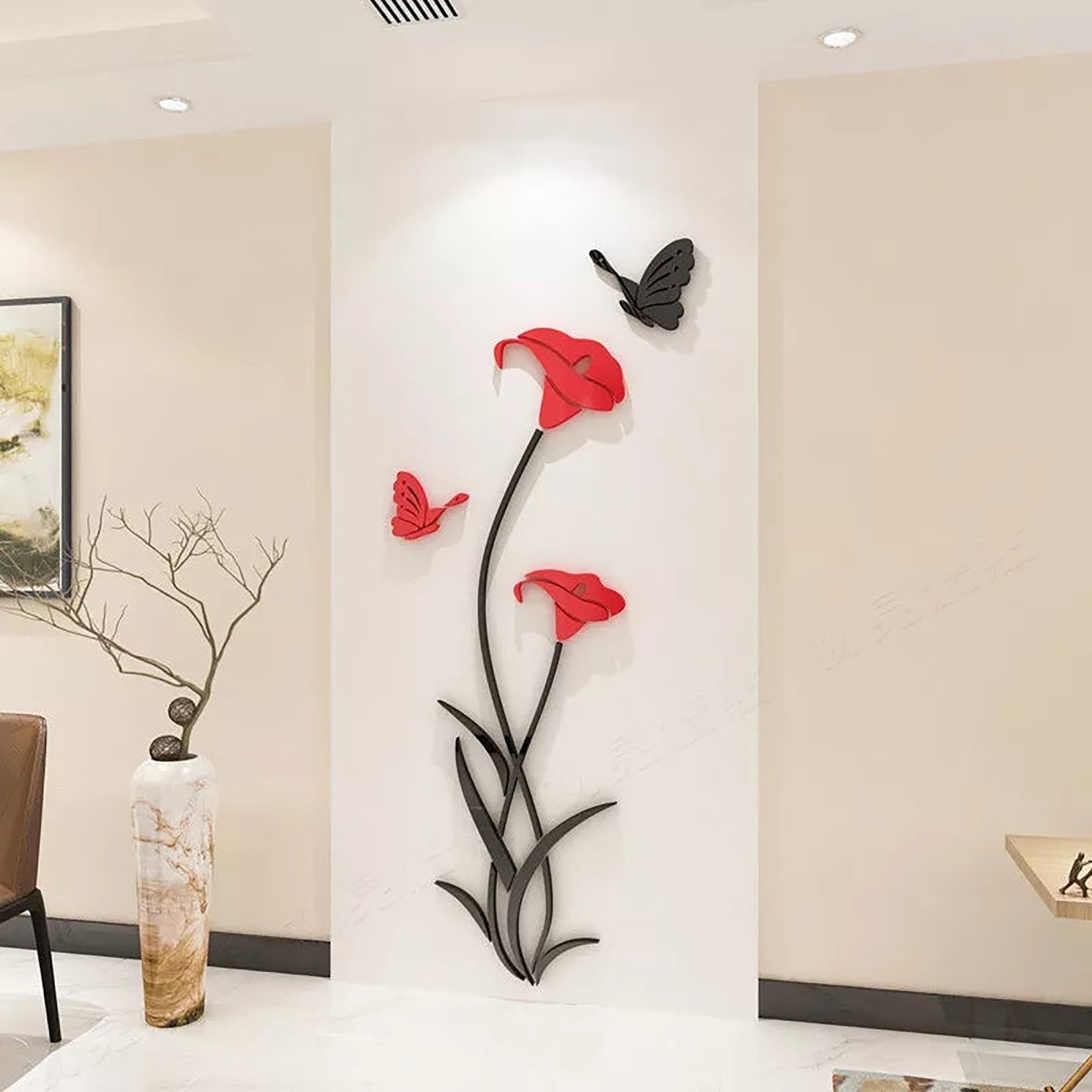 RED FLOWER WITH BLACK BUTTERFLY WALL ART - AWA 005